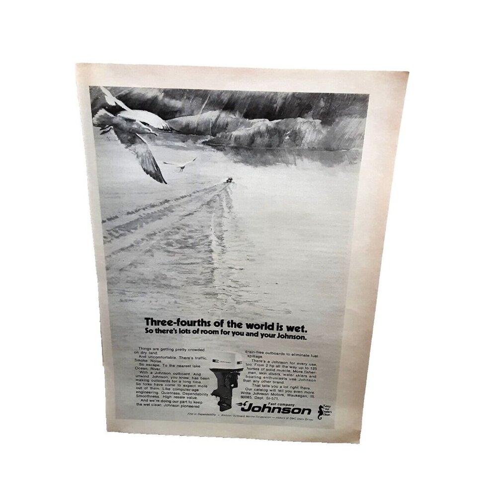 1971 Johnson Boat Motors World Is Wet Original Print Ad 70s